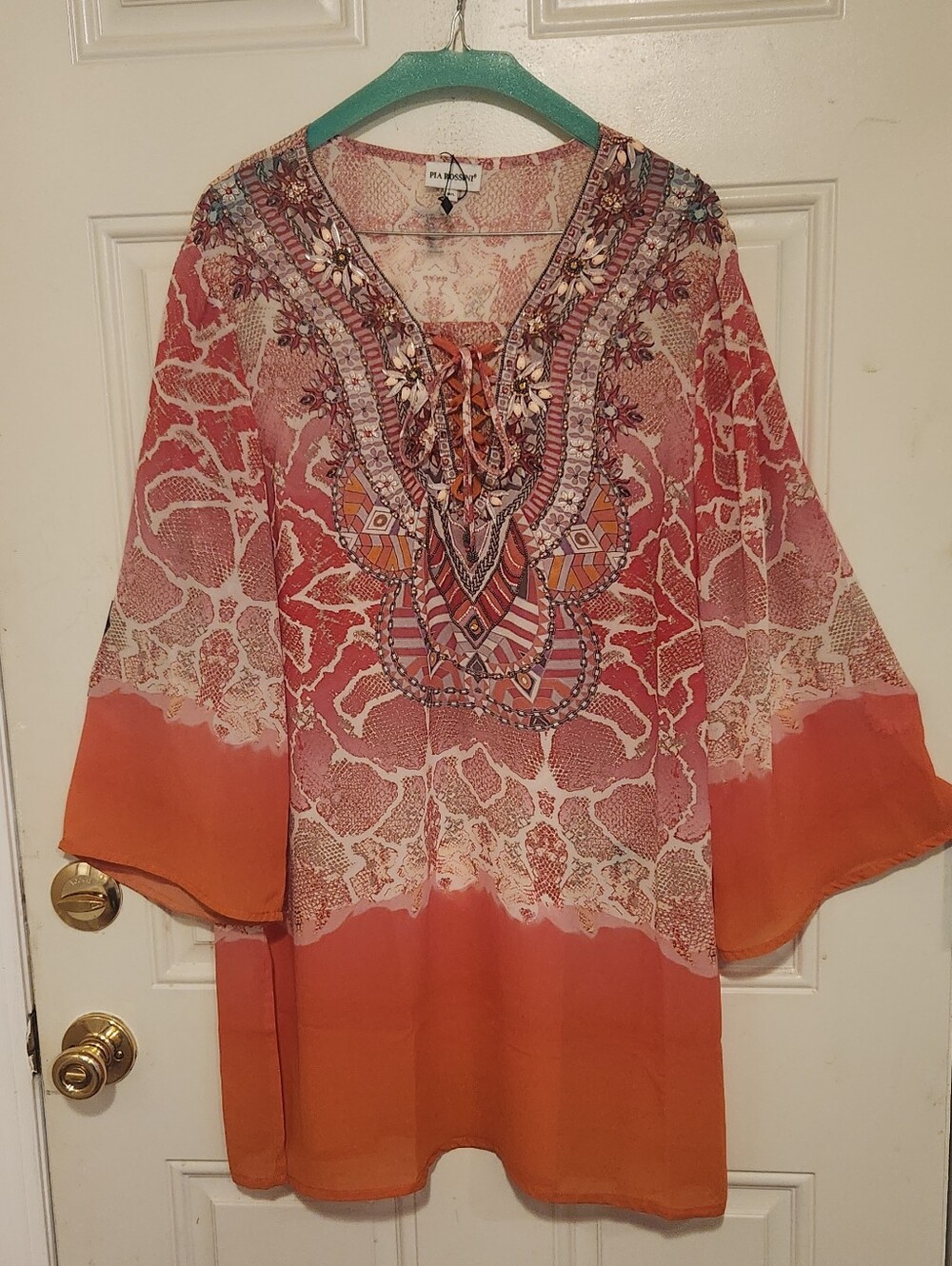 Peachy Pink, Orange Coral, Embellished V-Neck Women's Tunic Top - Floral Print